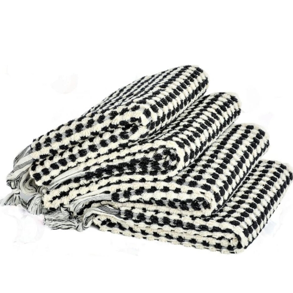 Turkish Cotton Spa Hair Peshtemal Hand Towel Black Ivory Pom Pom Houndstooth - Picture 3 of 8